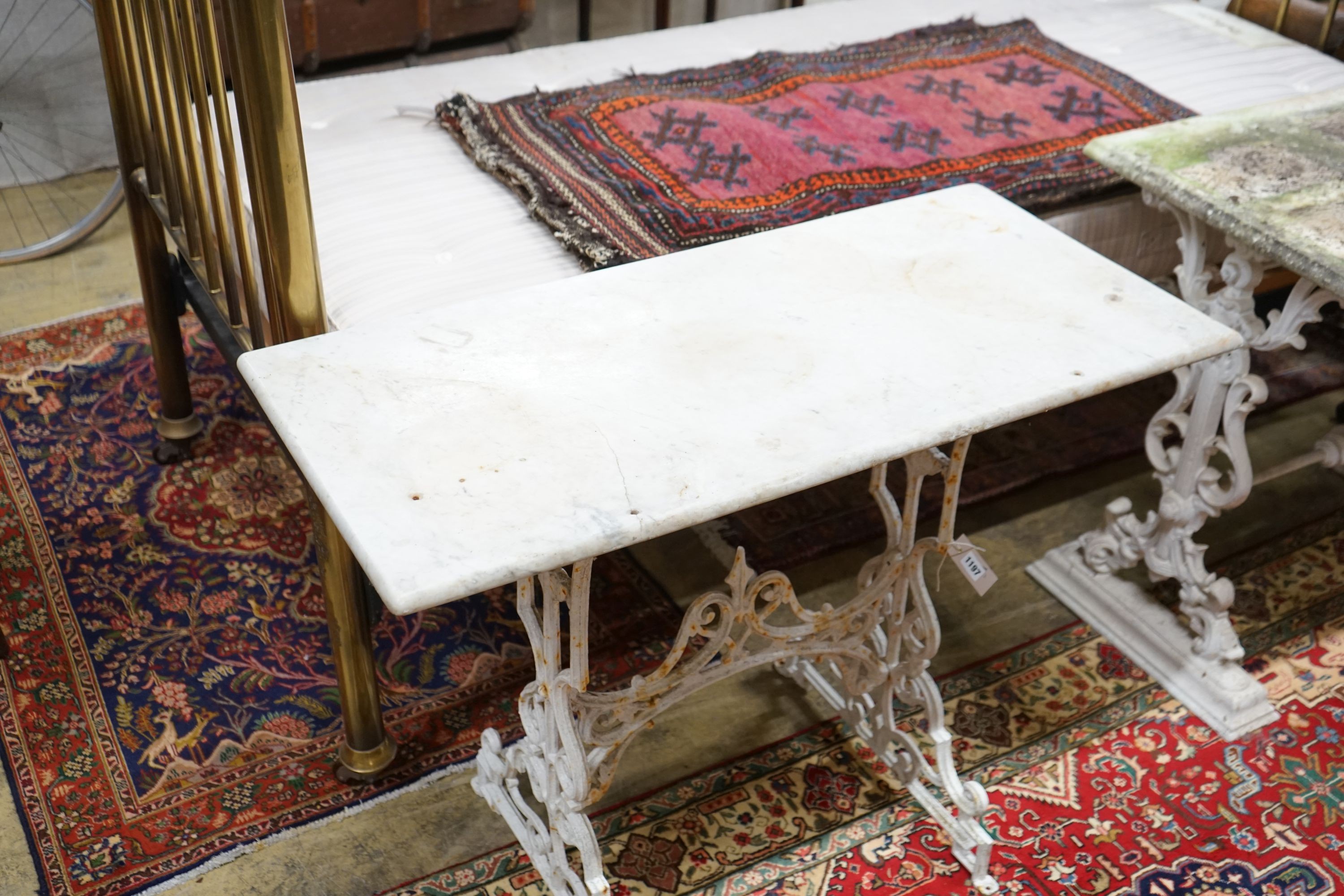 A Victorian cast iron rectangular marble topped garden table, width 97cm, depth 46cm, height 75cm